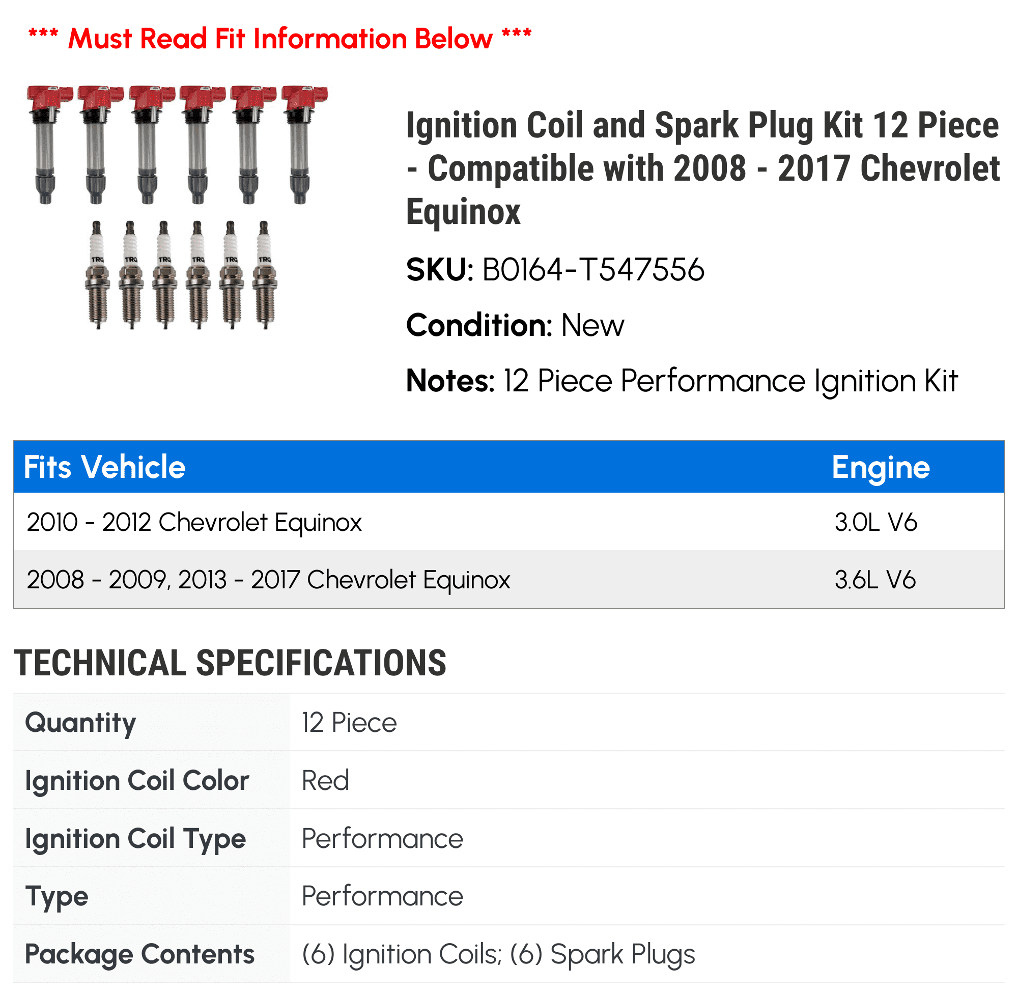 Ignition Coil and Spark Plug Kit 12 Piece - Compatible with 2008 - 2017 Chevy Equinox 2009 2010 2011 2012 2013 2014 2015 2016