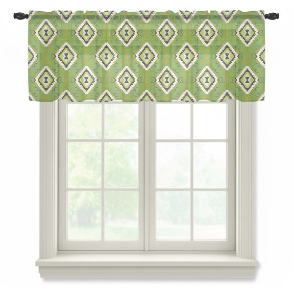 Green Slate Diamonds Sheer Valances for Windows, Abstract Vintage Minimalist Geometric Grid Semi Sheer Kitchen Valance Rod Pocket Small Voile Window Curtains for Living Room Bedroom 42 x 12 Inch
