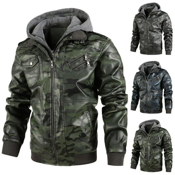 Lovskoo 2024 Men's Leather Jacket Long Sleeve Casual Camouflage Turn-Down Collar Hooded Thick Warm Jacket Motorcycle Jacket Gray