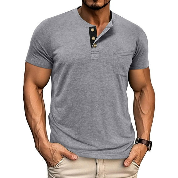 Antqov Mens T Shirts, Solid Color Short Sleeve Button Down Henley Shirt Tops with Pocket, Daily Fashion Fitness Casual Cozy Workout Shirts