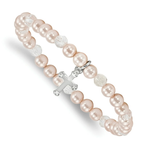 Primal Silver Sterling Silver Cross Pink Shell Bead and Crystal Stretch 6 Inch Bracelet