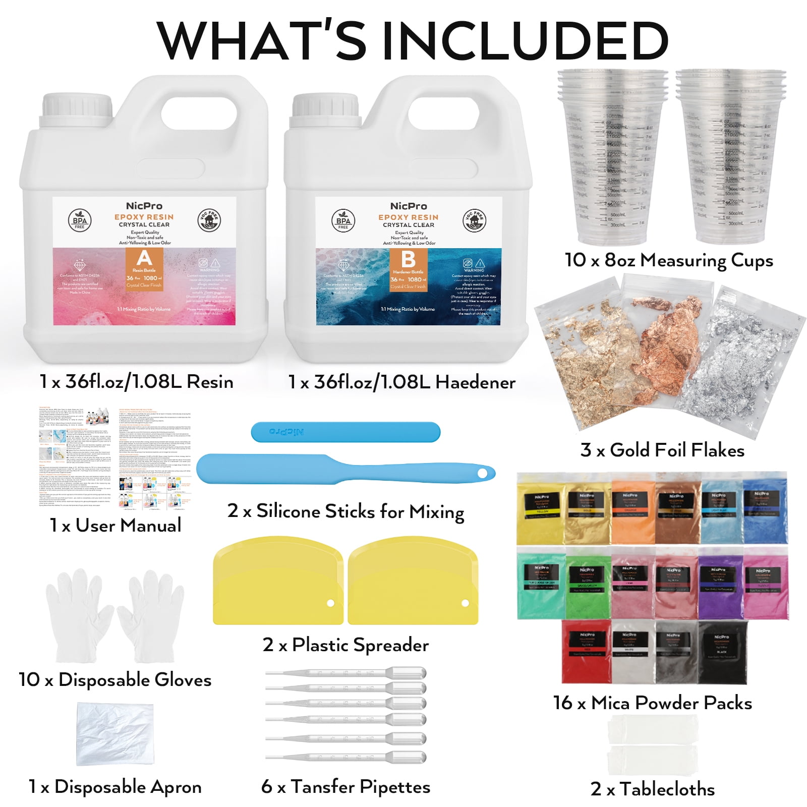 Nicpro 72OZ Crystal Clear Epoxy Resin Kit, Casting and Coating Epoxy Resin Supplies, Resin Starter Kit for Resin Mold, Art, Jewelry Making with 16 Mica Powder, Gold Foil Flake, Measuring Cup