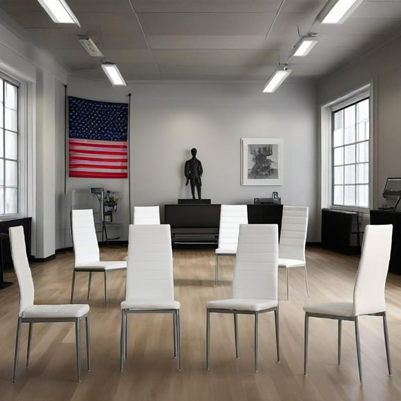 Set of 4 Modern PU Leather Dining Chairs with High Backrest, Padded Seat Cushions, Sturdy Metal Frame, White Upholstered Kitchen Chairs for Dining Room, Breakfast Nook, Gray Backrest Stitching