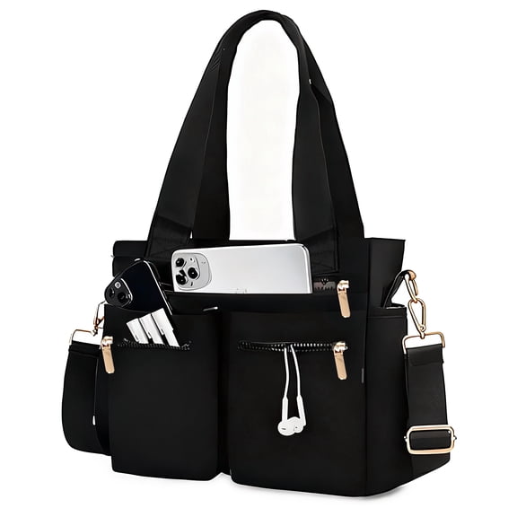 Tote Bag for Women, Nylon Crossbody Bag with Multiple Pockets, Large Capacity Handbag with Zipper Shoulder Messenger (Black)