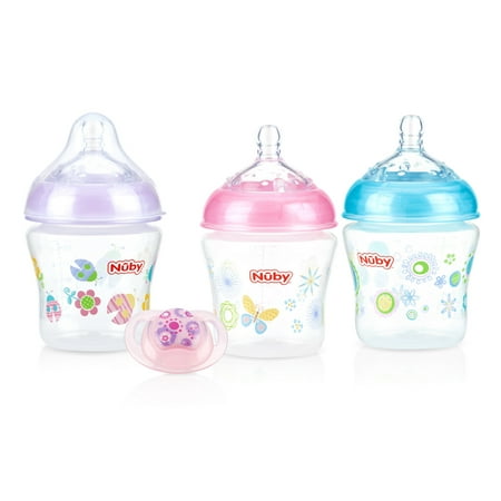 Nuby Natural Touch 6 ounce Bottles 3 Pack with Pacifier, Girl Assortment