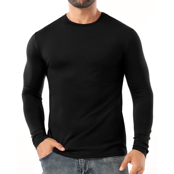 GIRUNS Mens Thermal Long Sleeve T Shirt Basic Crew Neck Undershirt Stretch Base Layer Top Black L