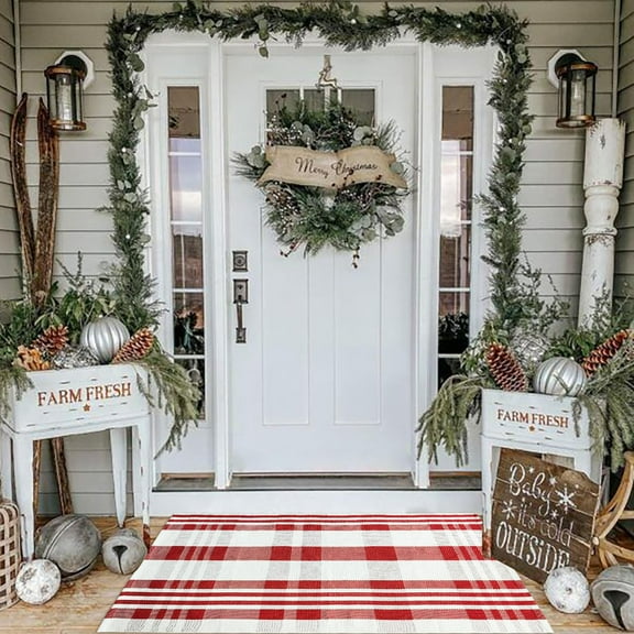 Farmhouse Christmas Rug, 27.5x43 Inch Buffalo Plaid Cotton Mat for Front Porch, Entryway Layering Rug with Welcome Sign, Machine Washable Indoor Outdoor, Red White