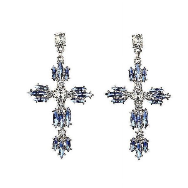 Pendientes de cruz con diamantes de imitación a la moda para mujer, grandes pendientes llamativos de cristal, pendientes de verano, joyería de moda para otoño, azul