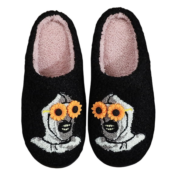 Black Clown Embroidered Plush Slippers, Halloween Thermal Indoor House Shoes, Non-Slip Soft Bedroom Slippers (Size 40-41)