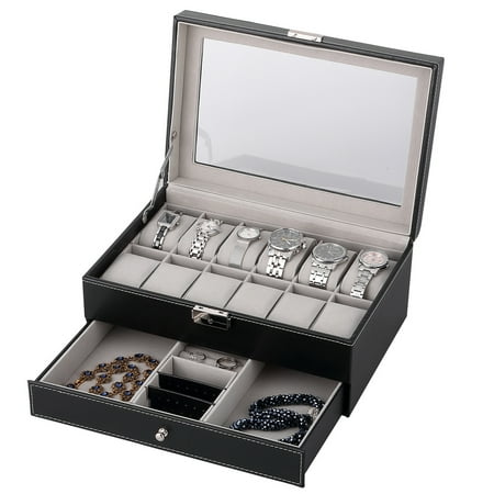 UTEN Watch Box 12 Slot Case Organizer Men Leather Velvet Material with Storage Drawer