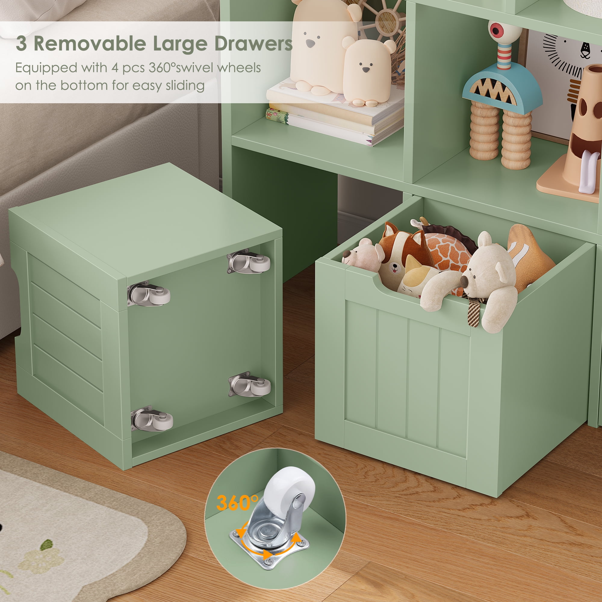 Homfa Toy Storage Organizer with 3 Movable Drawers, 5 Cube Kids Bookcase for Playroom, Storage Cabinet for Living Room, Green Finish