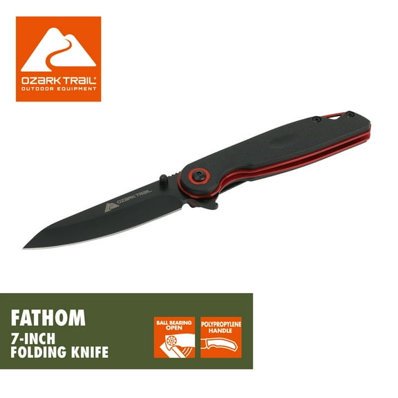Ozark Trail Fathom 7 inch Folding Knife, Drop Point Blade, Black Handle