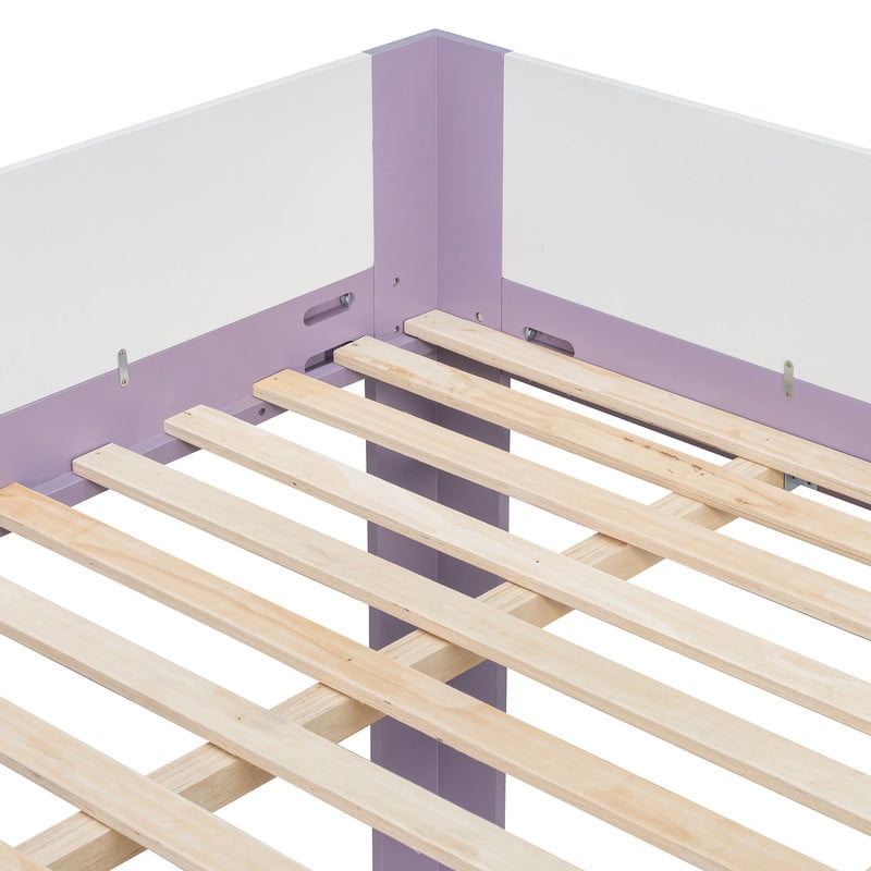 Queen-Over-Queen Low-Profile Bunk Bed with Guardrails, Wooden Kids Bed with Reversible Ladder, Accent Two-Tone Bed Frame