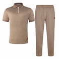 thumbnail image 3 of Men's Casual Loose Fit Short Sleeve Shirt Pants Set Solid Color Zipper Turndown Collar 2 Piece Outfits for Daily Streetwear Travel Loungewear Modern Fashion | AESTIVO,Khaki L, 3 of 7