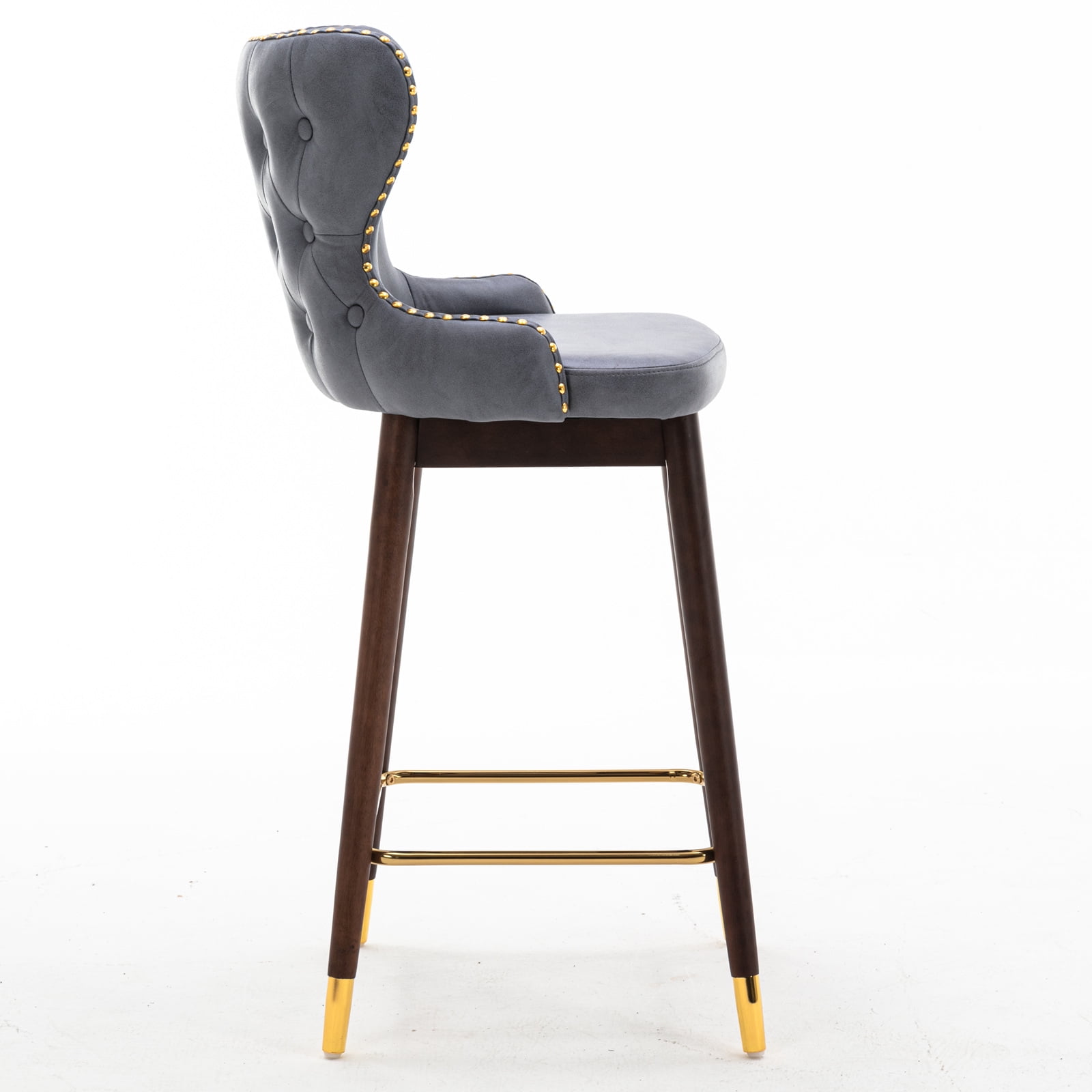 Kepooman 29.9" Modern Leather Fabric bar chairs, Tufted Gold Nailhead Trim Gold Decoration Bar stools, Set of 2 (Stone Blue)