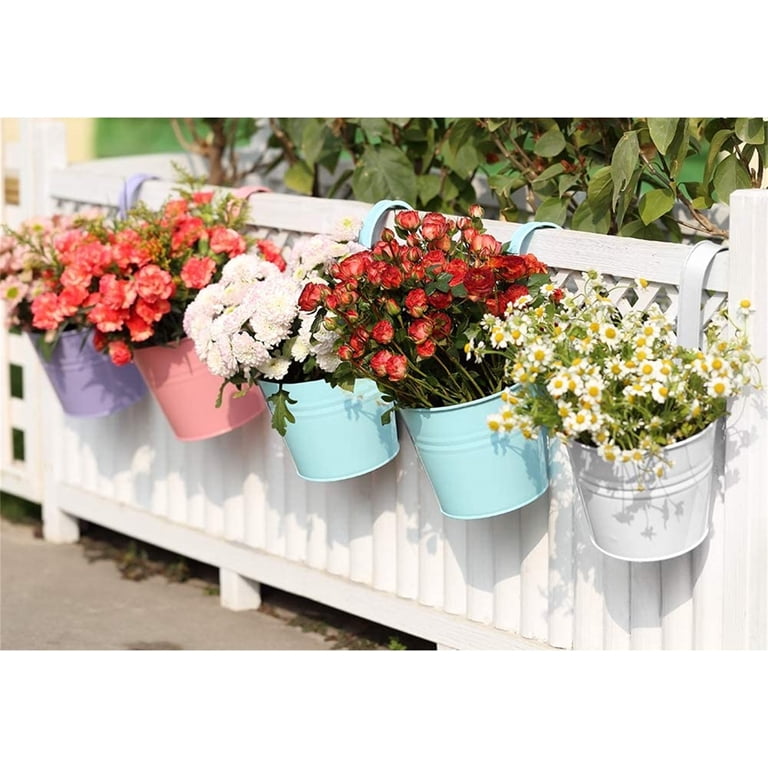 4" x 3.1" x 4" Small Iron Hanging Planters Multicolor Flower Pots Balcony  Garden Railing Planter,Casewin Fence Hanging Metal Bucket Plants Holders  Set ...