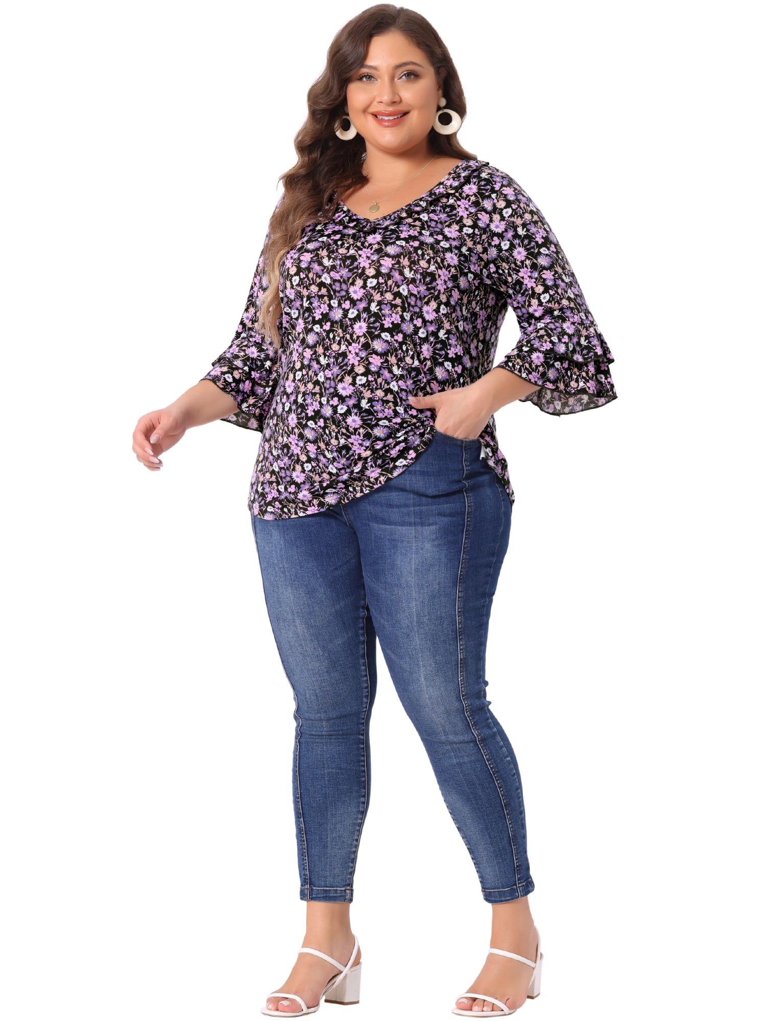 DARING DIVA Women's Plus Floral V Neck Tiered Ruffle Bell Sleeve Blouse 1X Purple