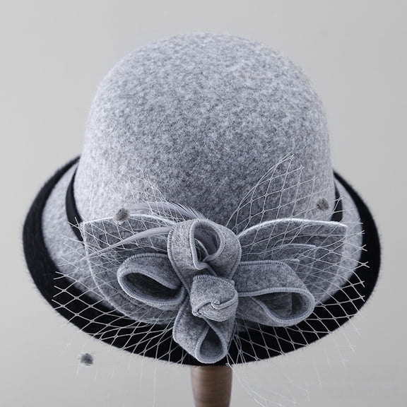 Women's Wool Felt Hat with Elegant Net Fabric Flower, Round Top Bucket Hat for Women, Vintage Tea Party Hat for Church, Wedding, and Special Occasions - Beige