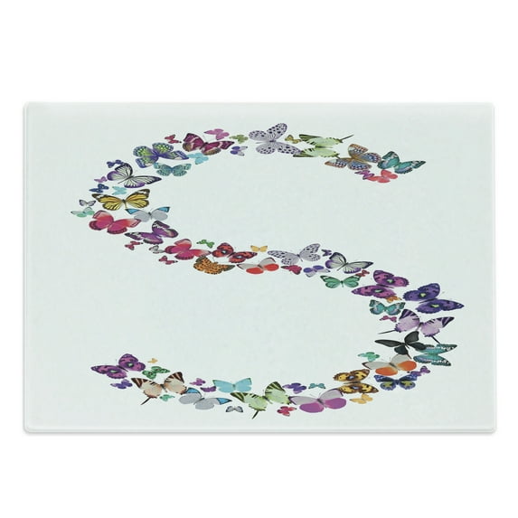 Letter S Cutting Board, Capital Letter S Consisting of Various Colored Shaped Butterflies Exotic Animals, Decorative Tempered Glass Cutting and Serving Board, Large Size, Multicolor, by Ambesonne