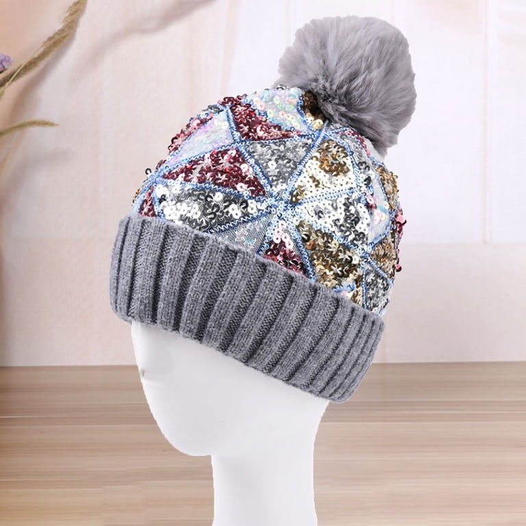 Women Sparkly Sequins Knitted Beanie Hat Warm Winter Skull  display picture 1