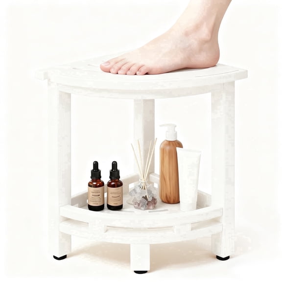HDPE Corner Shower Stool, Waterproof Bathroom Shower Seat with Storage Shelf, Space-Saving Bath Stool for Shaving Legs & Everyday Use, White