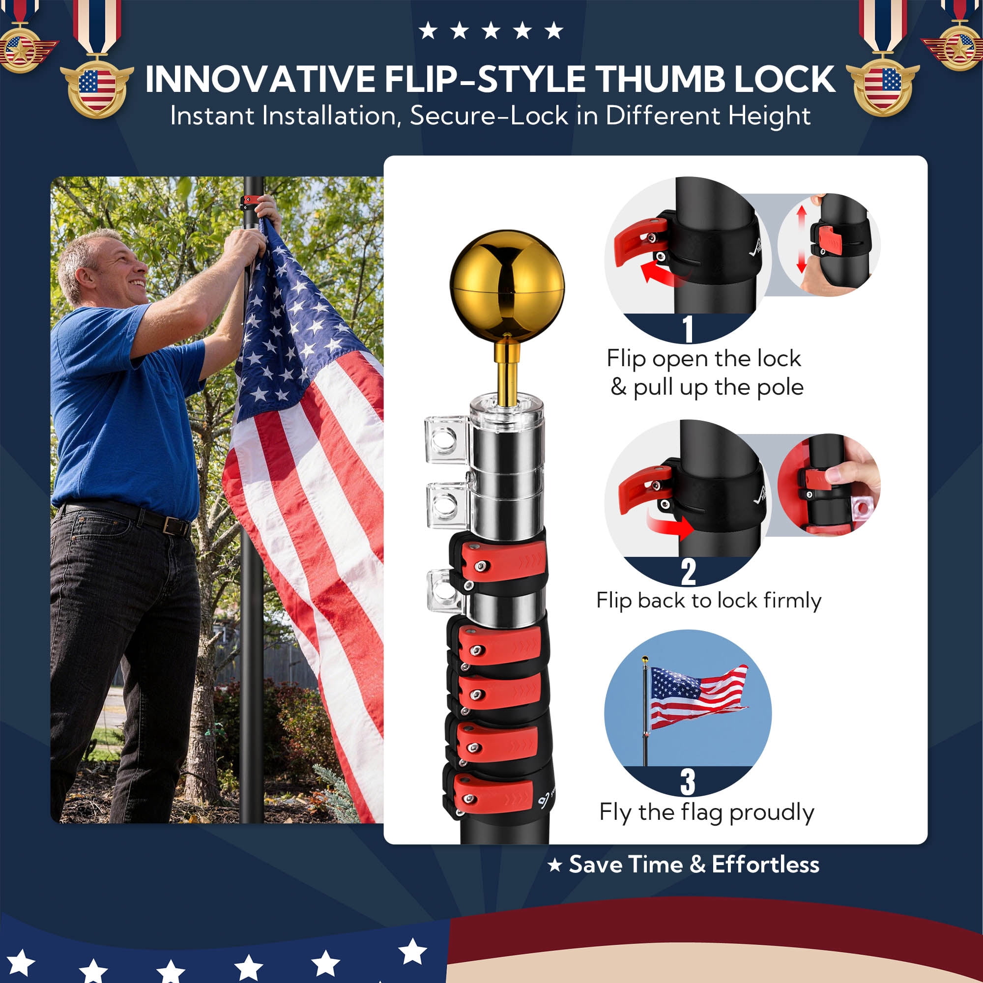 Yescom EZ GO 20Ft Black Telescopic Aluminum Flag Pole 3'x5' US Flag & Ball Top Kit 2 Flags for Yard Outdoor Garden
