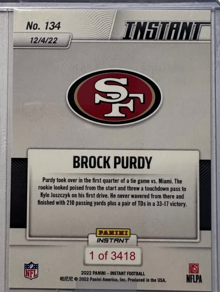 NFL San Francisco 49ers 2022 Instant Weekly Football Brock Purdy 1 of 3418 Trading Card #134 (Rookie Card, Leads 49ers to Big Win!) (Panini)