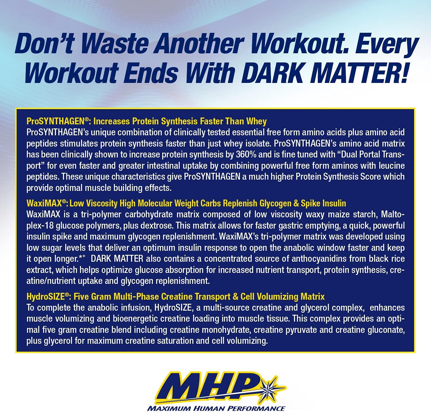 MHP Dark Matter Post‑Workout Recovery Accelerator – 48 g WaxiMAX® Carbs, 6 g EAAs, 5 g Multi‑Phase Creatine (Blue Raspberry, 20 Servings)
