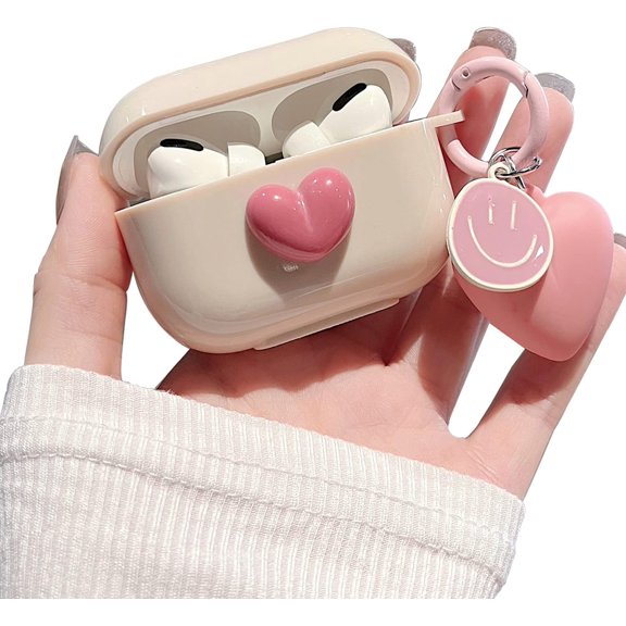 Compatible with AirPods Pro Case with Cute 3D Heart Keychain Love Heart Design TPU Silicone Smooth Soft TPU Shockproof Protective Cover for Women and Girls