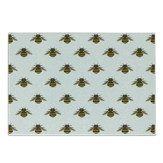 Bee Cutting Board, Repetitive Pattern with Honey Maker Insect on Plain Background, Decorative Tempered Glass Cutting and Serving Board, in 3 Sizes, by Ambesonne