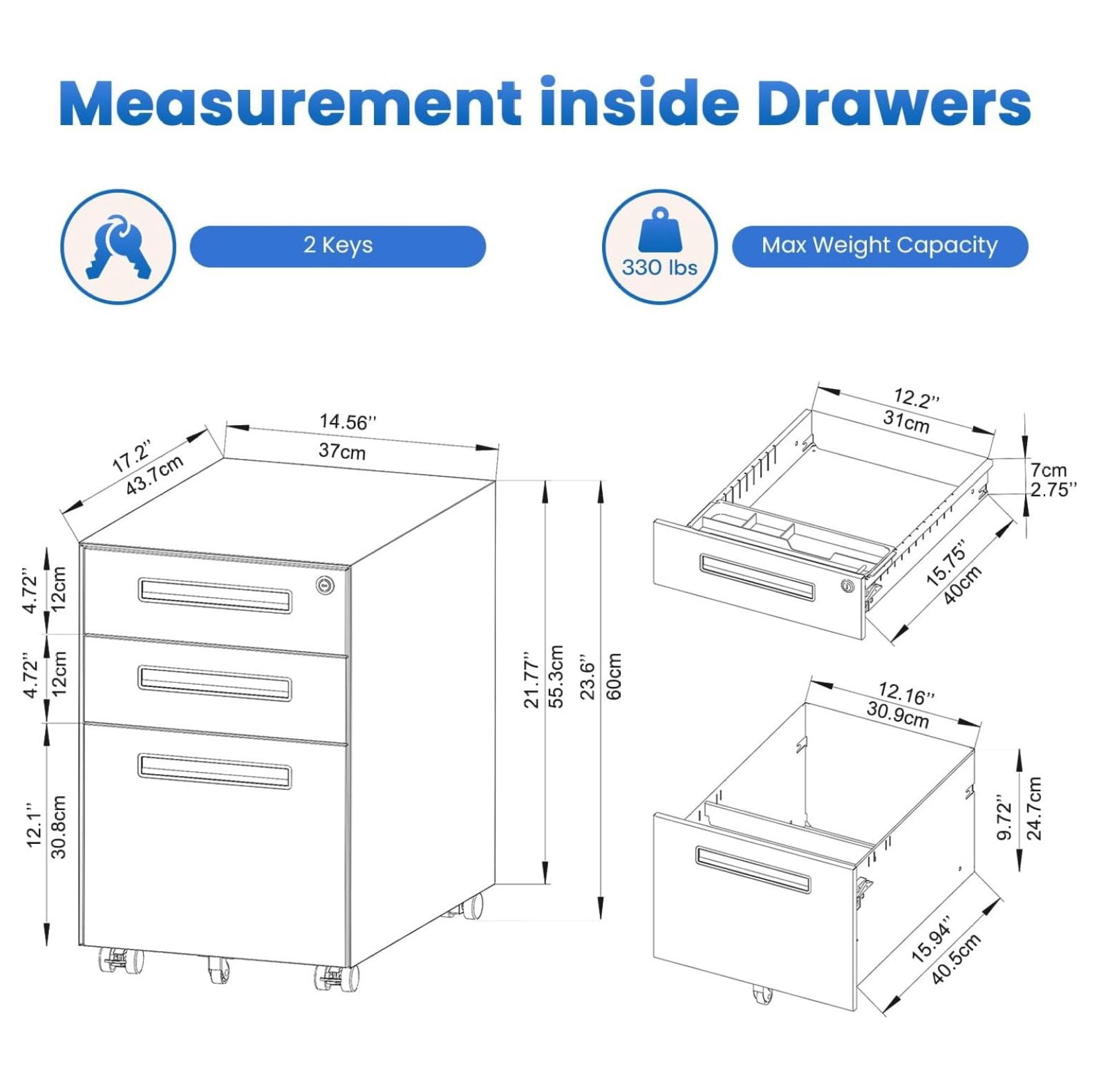 3 Drawer White File Cabinet, Mobile Under Desk Storage File Cabinet with Lock on Wheels, Fully Assembled, Letter/Legal Size, Small Short Vertical Metal Rolling Filing Cabinets for Home Office