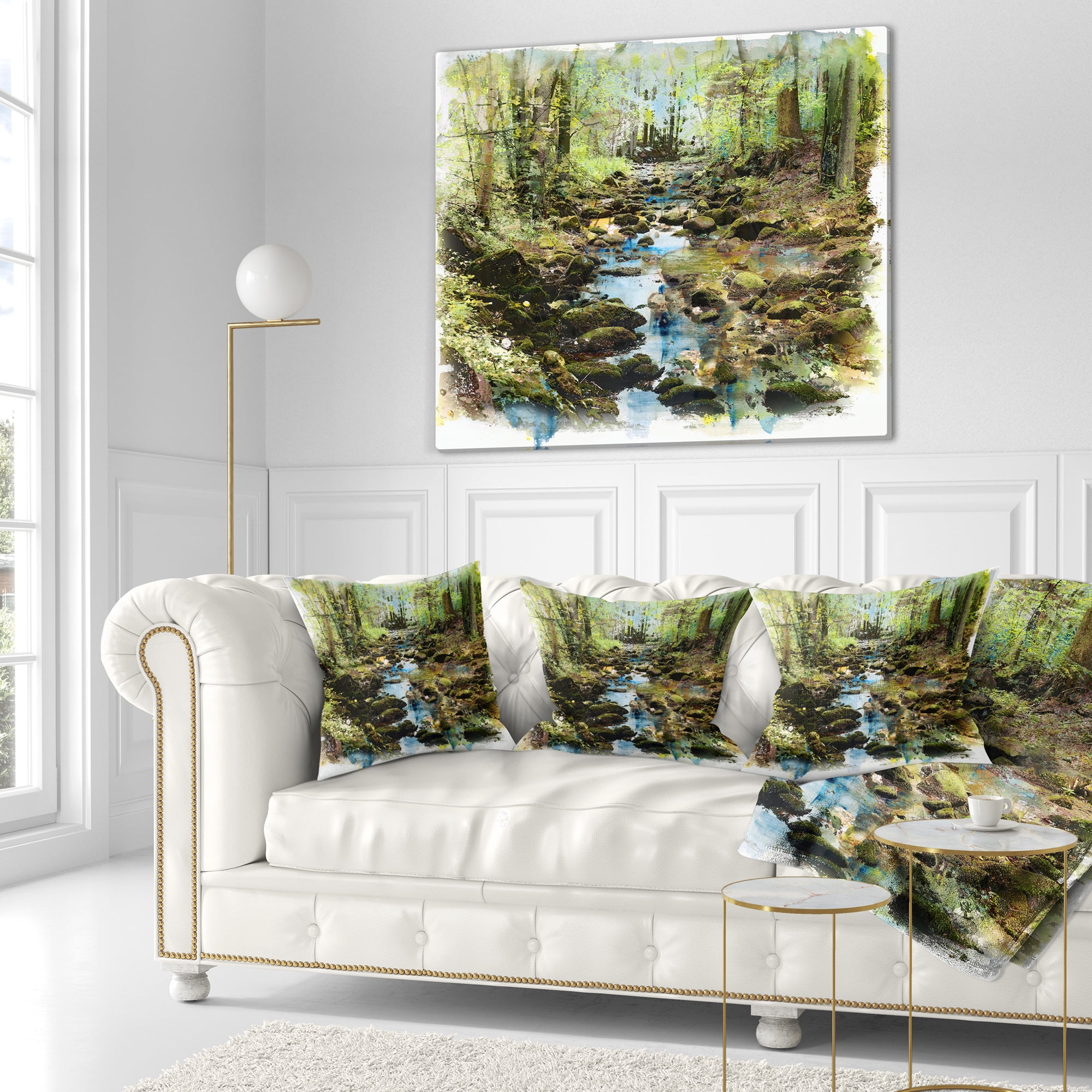 Designart Stream in the Forest - Landscape Painting Throw Pillow - 16x16