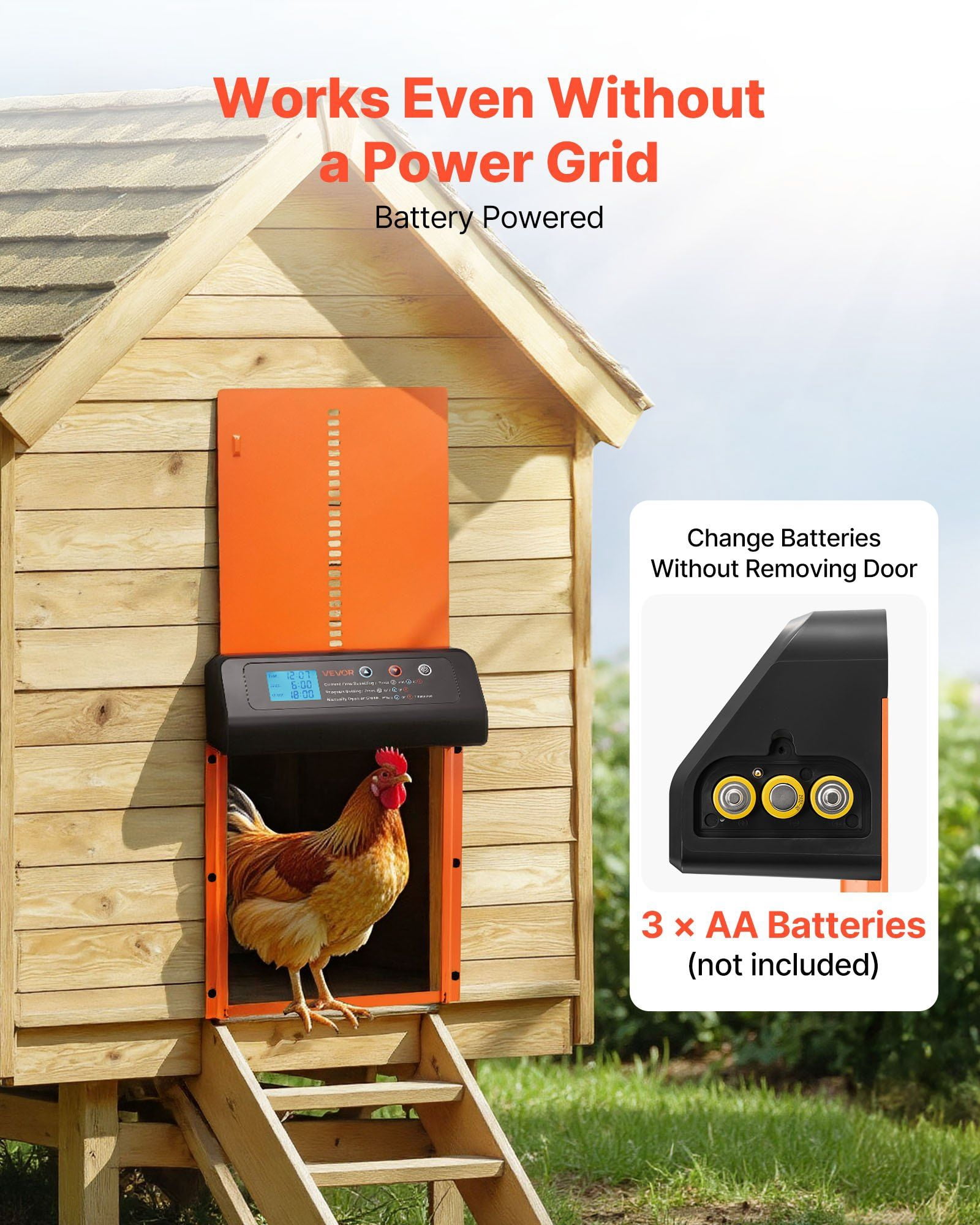 Automatic Chicken Coop Door, Timer and Manual Modes, Anti-Pinch Protection, Aluminum Alloy with ABS Housing, AA Battery Powered, Easy Installation for Backyard Coops