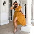 thumbnail image 4 of SWSMCLT Women's Long Dress Summer Sexy Wrap Front Spring High Slit Knotted Casual Party Dresses V Neck Ruffle Short Sleeve Swing Pleated Golden Medium, 4 of 4