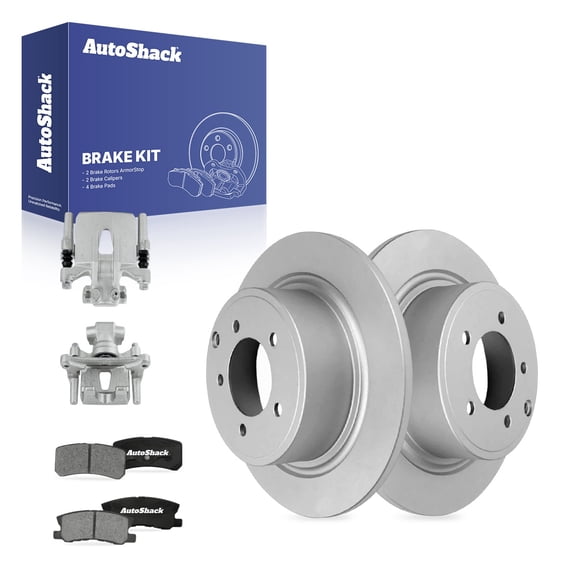 AutoShack Rear Solid Coated Brake Rotors   Ceramic Pads   Calipers 8-PC Brake Kit Replacement for 2009-2011 Mitsubishi Outlander ArmorStop 11.89" (302 mm)
