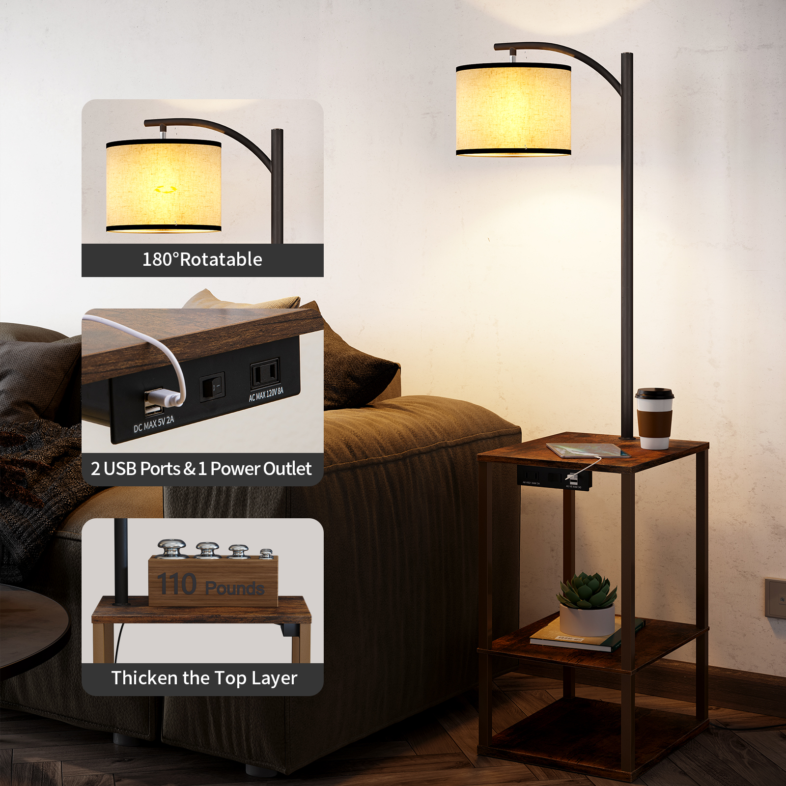 SUNMORY Floor Lamp with Table, Lamps for Living Room with USB Port, Attached End Table with Shelves, Brown - image 5 of 9
