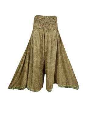 Mogul Womens Maxi Skirt Gypsy Vintage Recycled Silk Sari Smocked High Waist Bohemian Flare Divided Long Skirts S/M