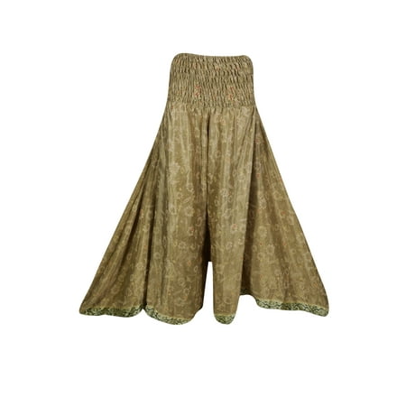 Gypsy Maxi - Mogul Womens Maxi Skirt Gypsy Vintage Recycled Silk Sari Smocked High Waist Bohemian Flare Divided Long Skirts S/M