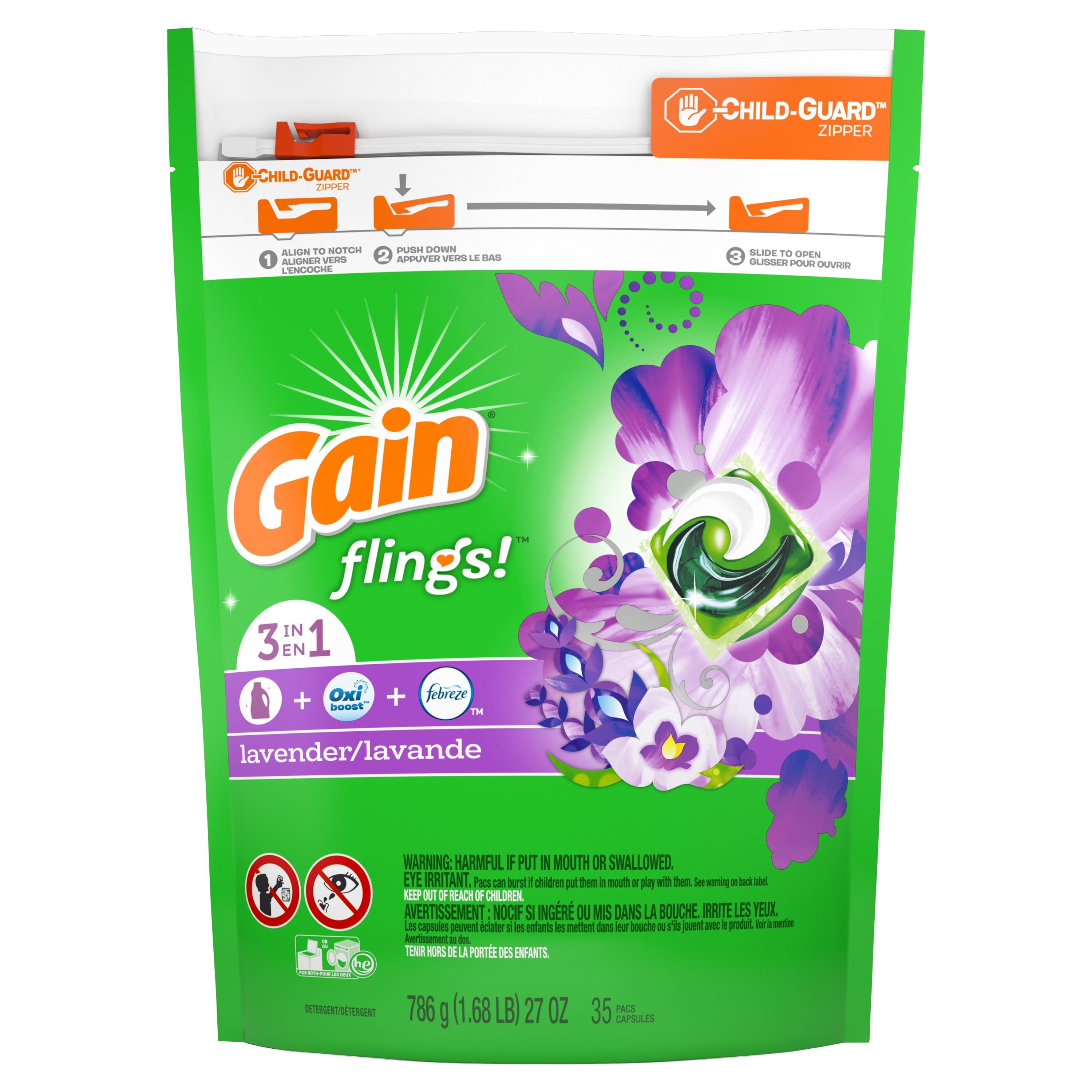 Gain flings! Liquid Laundry Detergent Pacs, Lavender, 35 Count