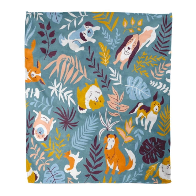 JSDART Jeter Couverture Chaud Imprimé Flanelle Animal de Compagnie avec des Chiens Mignons et des Plantes Tropicales Modèle de Conception Scandinave Tendance Corgi Confortable Doux pour Canapé-Lit et Canapé 58x80 Pouces
