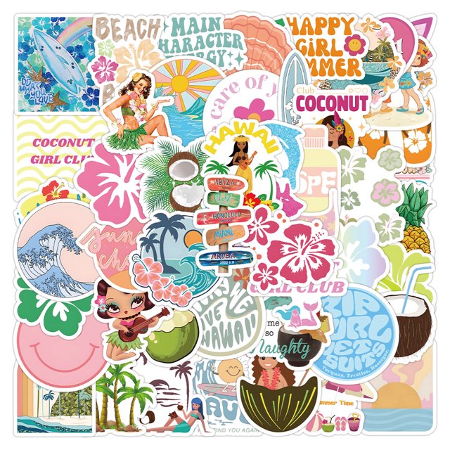 Paquete de pegatinas Coconut Girl Tropical Hawaiian Beach x60