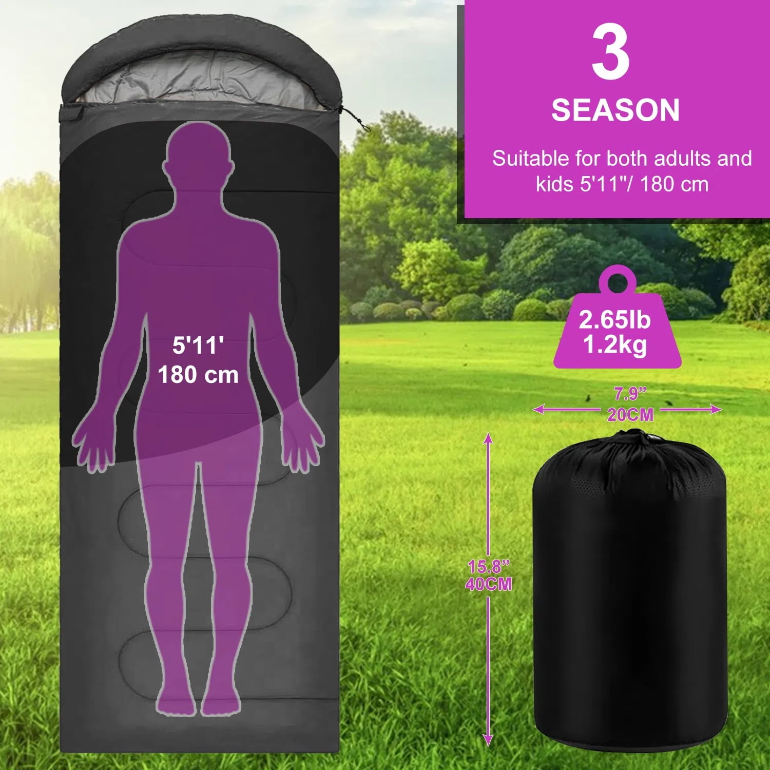 Teblint Camping Sleeping Bag for Adults Kids, Cold Weather Warm Sleeping Bag with Compression Bag for 3 Seasons, Compact Camping Essentials Gear Accessories Hiking Sleep Must Haves-Gray