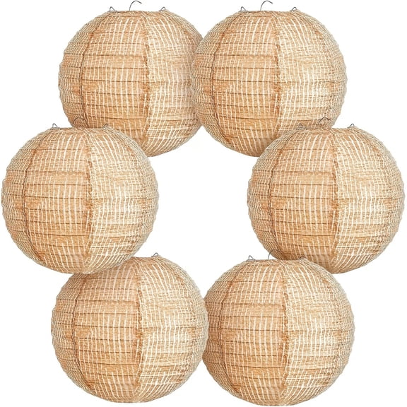 Pack of six burlap style paper lanterns, suitable for wedding parties, burlap style hanging decorations