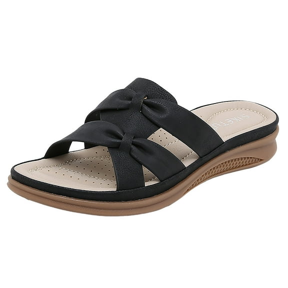 CAICJ98 Women's Slides Summer Solid Color Slip On Casual Open Toe Bow Tie Wedges Soft Bottom Breathable Slippers Shoes Sandals Black,8.5