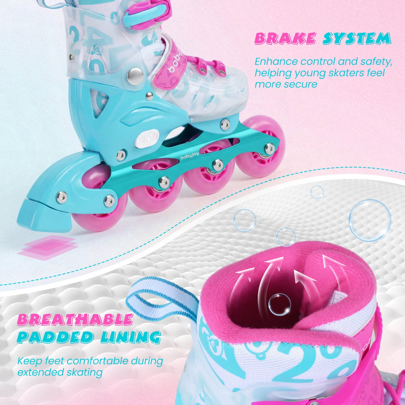 Babyjoy Kids Inline Skates for Boys Girls, 4-Size Adjustable Illuminating Roller Skates Pink & Blue
