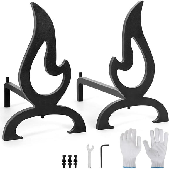 Cast Iron Fireplace Andirons, Decorative Andirons for Wood Burning Fireplaces, Heavy-Duty and Stylish Fire Shape Design，Fireplace Tools