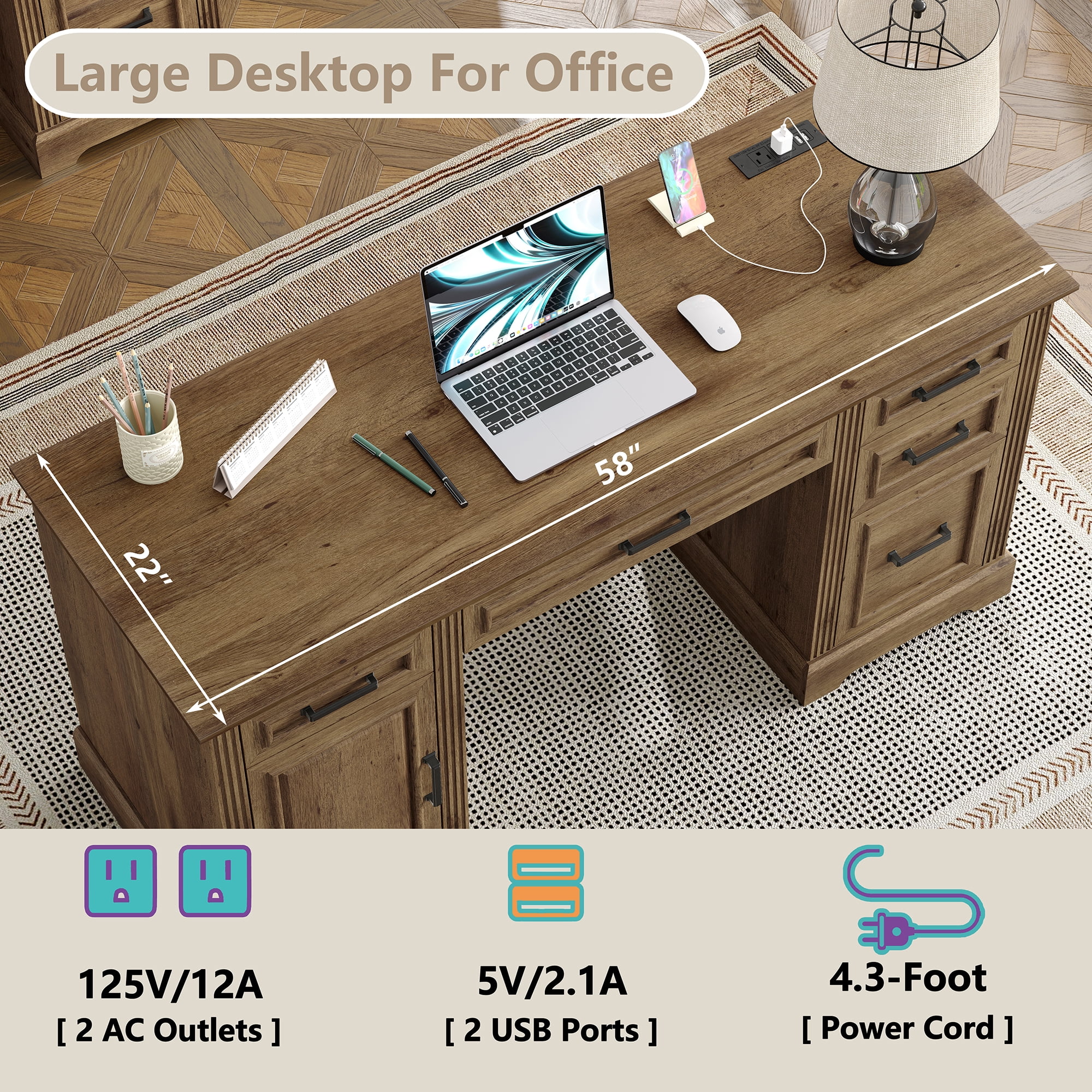 Furnihold 58"W Executive Desk with Outlet and 5 Drawers, Farmhouse Computer Desk, Wooden Home Office Desk, Workspace for Work Study Writing, Brown