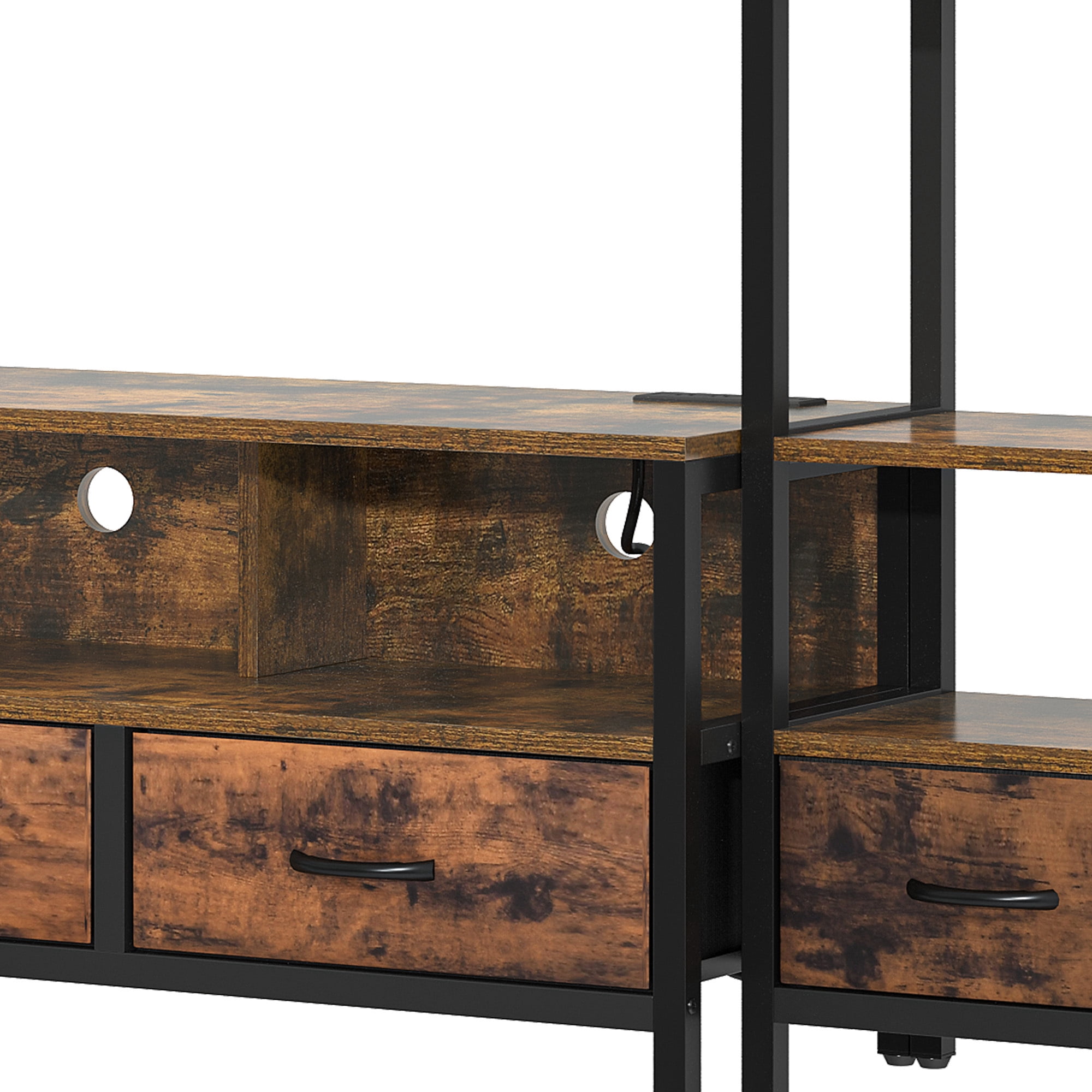Uforic Modern Rustic Wood Metal Frame TV Stand with Remote Control LED Lights, USB Ports, Multi-Layer Storage Shelves & Fabric Drawers for Home Living Room, Rustic Brown