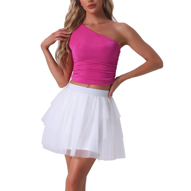 INSPIRAR CHIC Blusas sin mangas para mujer, sexy, de un solo hombro, con fruncido, color rosa intenso