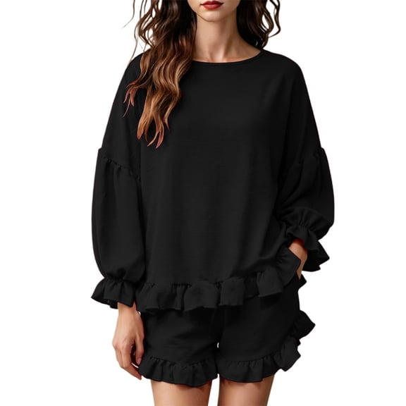 DHFJKG 2 Piece Outfits For Women Summer Shorts Set Ruffle Long Sleeve Loose Fit Solid Color T Shirt And Shorts Matching Sets Versatile Outfit